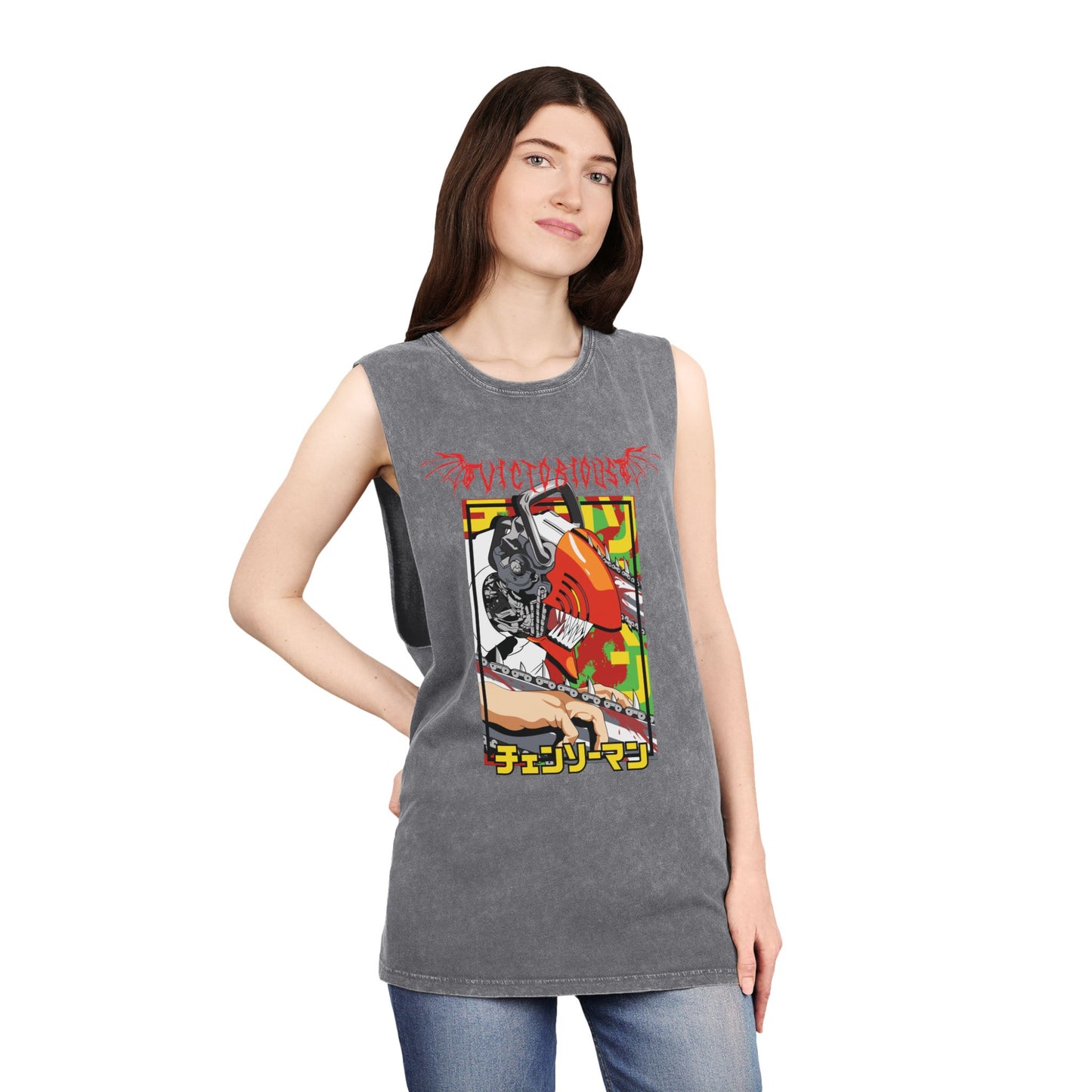 Unisex Stonewash Tank Top - Anime Chainsaw Man Denji Full Throttle