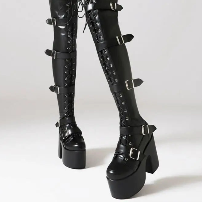 Punk Goth Women Motorcycle Boots Block /High Heels Platform Shoes