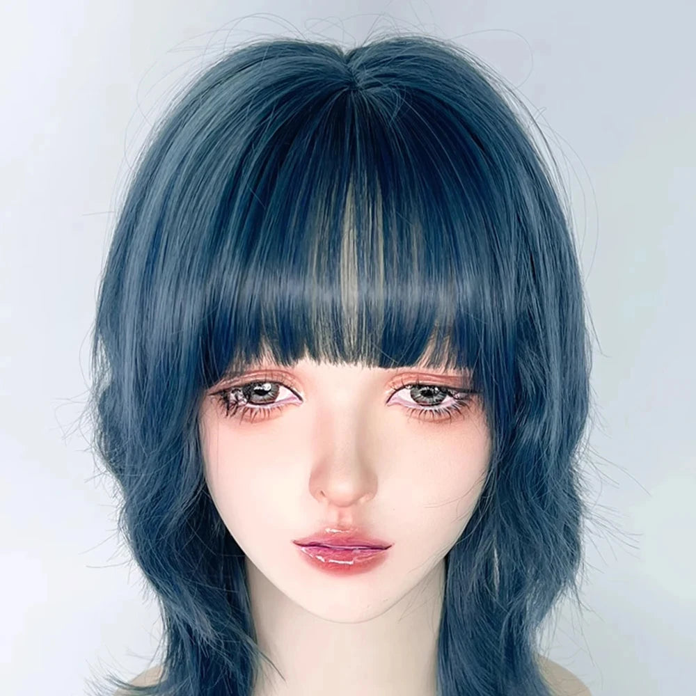 Blue Synthetic Mullet Head Wig with Bangs /Short Straight Lolita Anime Cosplay