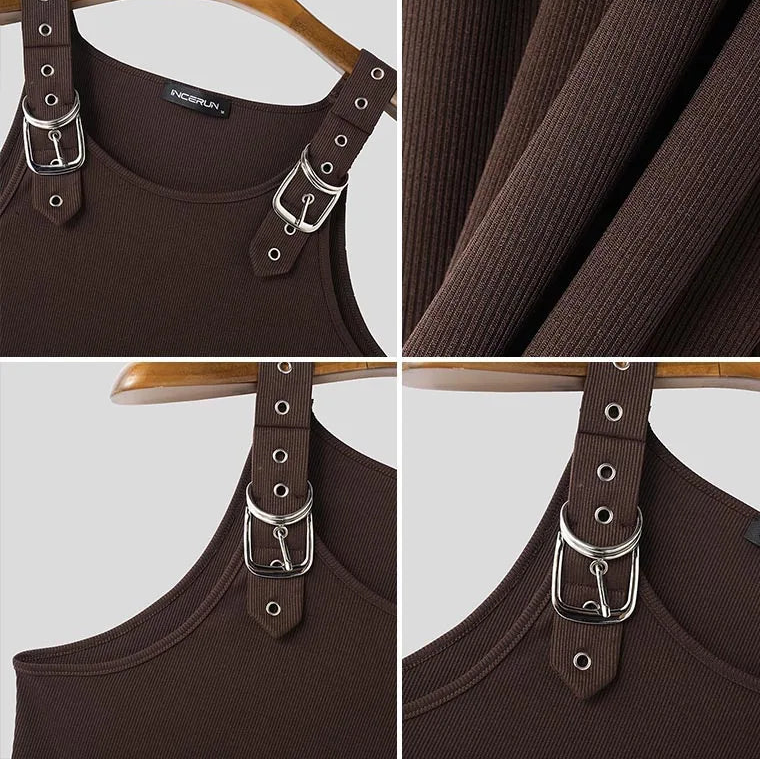 Buckle Belt Straps Ribbed Tank Top