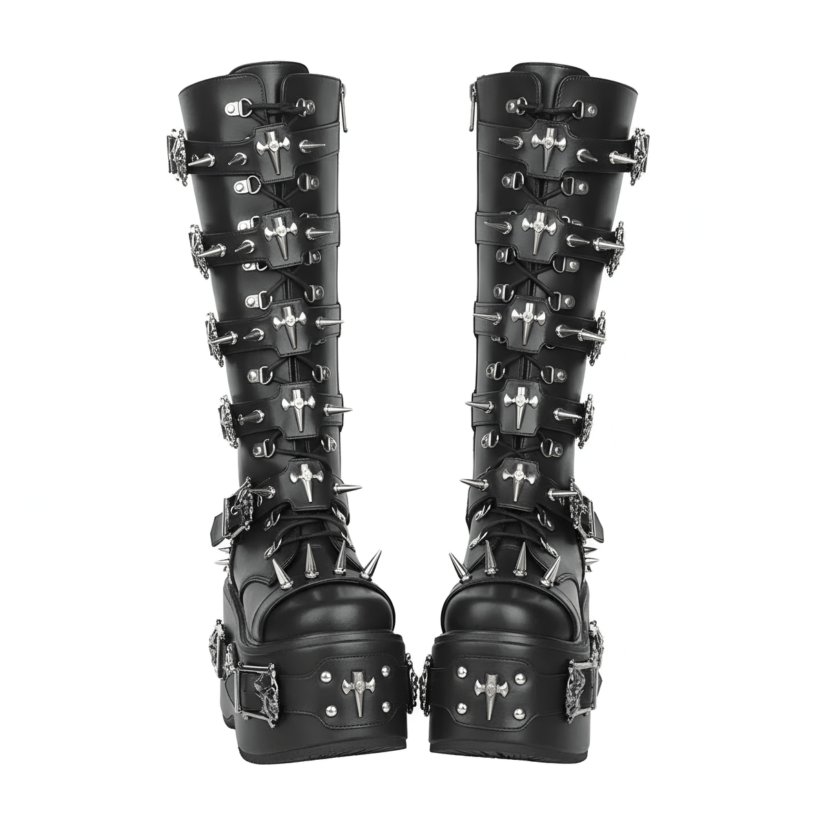 Black / 34 Women's Rivet Buckle Platform Boots/ Round Toe Cross Tied Leather Boots