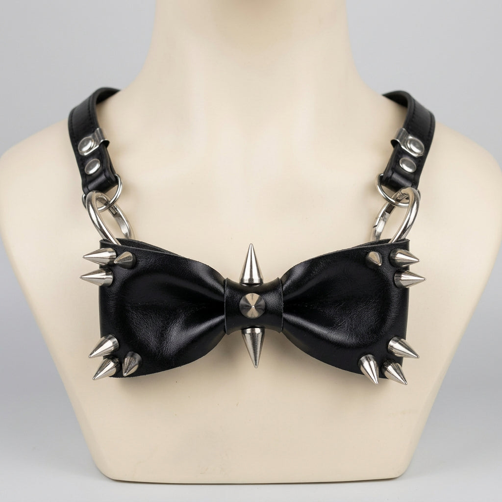 bow choker Women Personality Y2K punk Harajuku Cool Gothic Lolita Necklace Halloween PU rivet bow cosplay Party Chokers Choker Tie hairpin