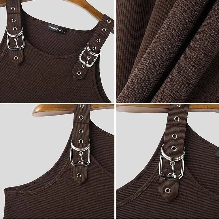 Buckle Belt Straps Ribbed Tank Top