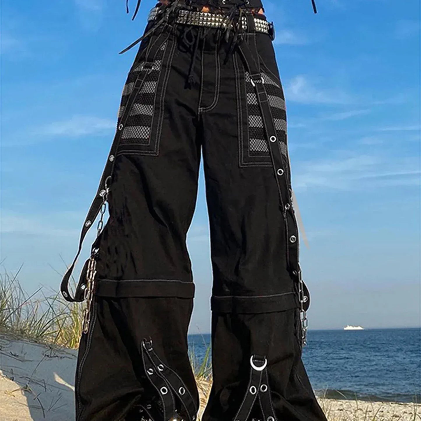 C / S Women Goth Cargo Pants / High Waist Baggy Jeans (Victorious CryoStream)