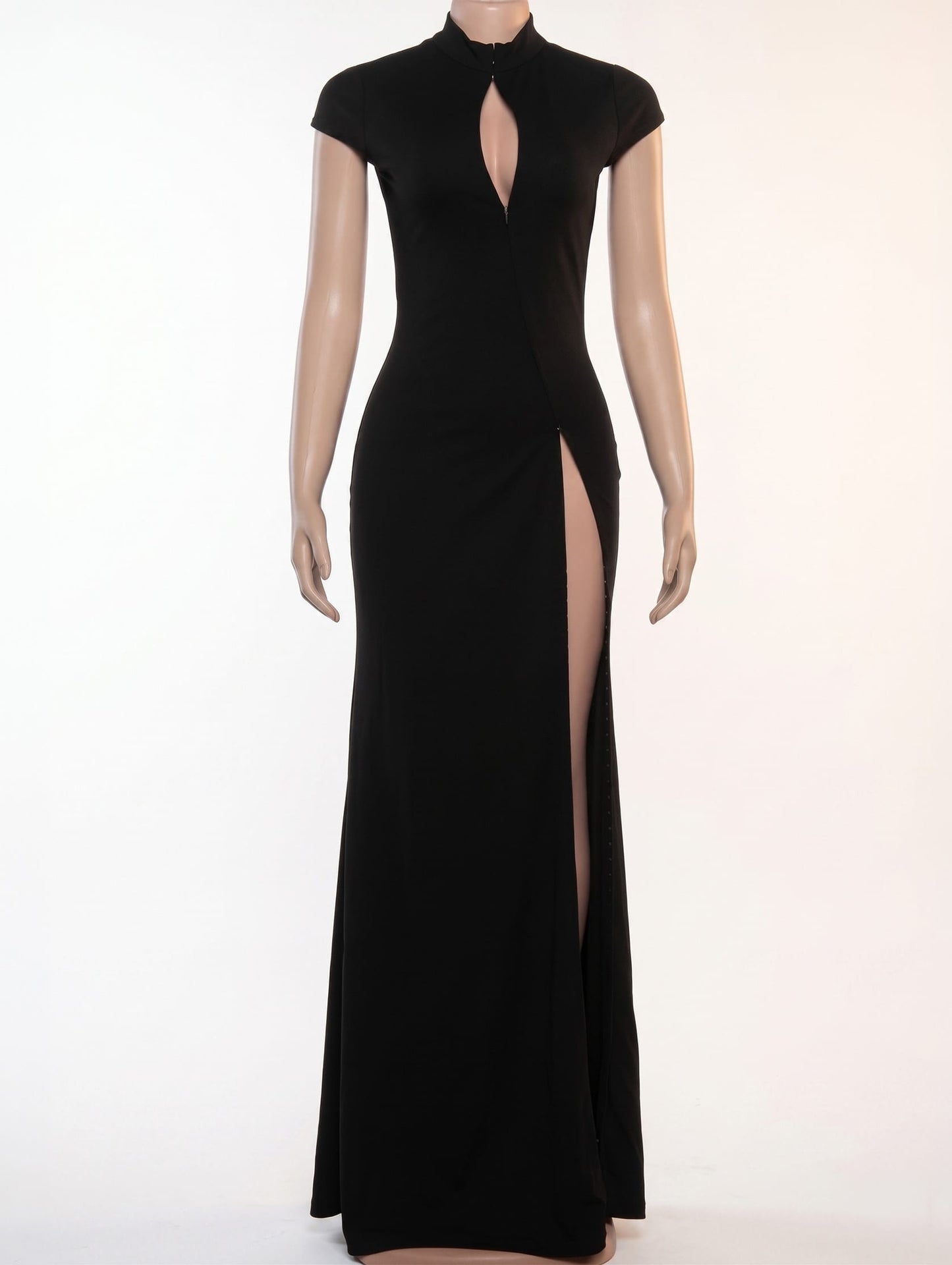 High Collar Split Solid Long Dress