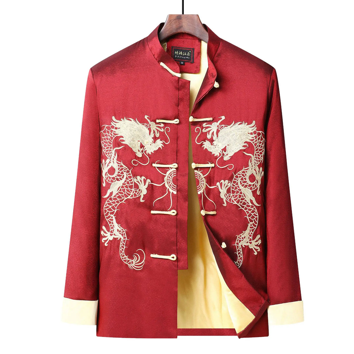Vintage-style Men's Long-sleeve Jacket with Gold Embroidered Chinese Dragon Design; Available in Black, Gray, Blue, and Red.