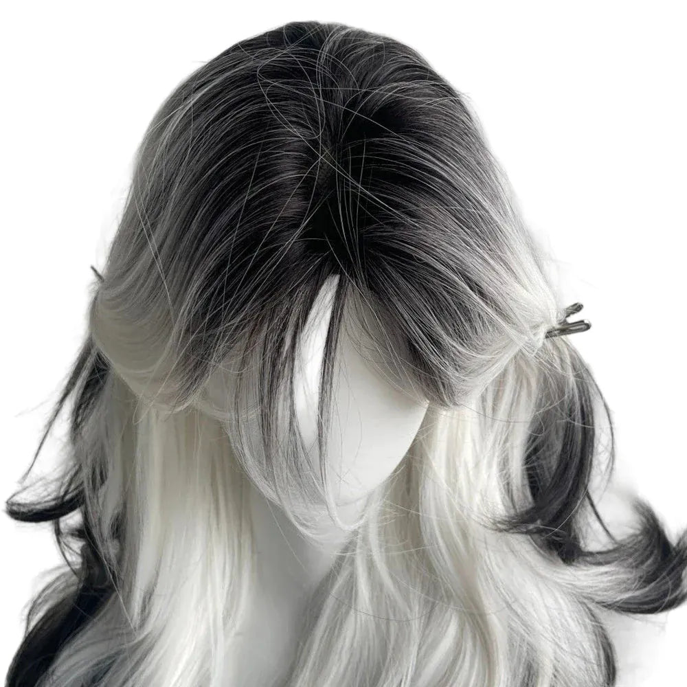 #1 Long Wave Synthetic Black Ombre White Wig Fluffy Women Heat Resistant Wig for Daily Party Lolita Cosplay