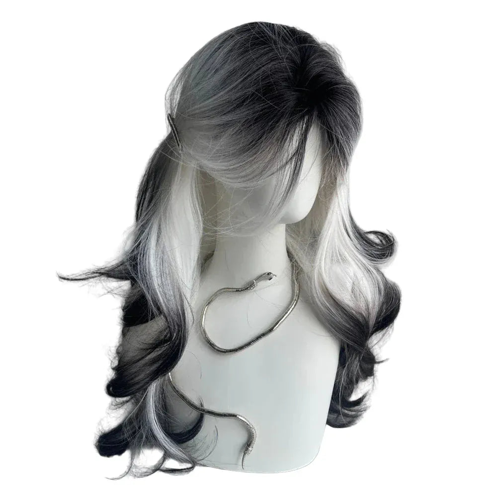 #1 Long Wave Synthetic Black Ombre White Wig Fluffy Women Heat Resistant Wig for Daily Party Lolita Cosplay