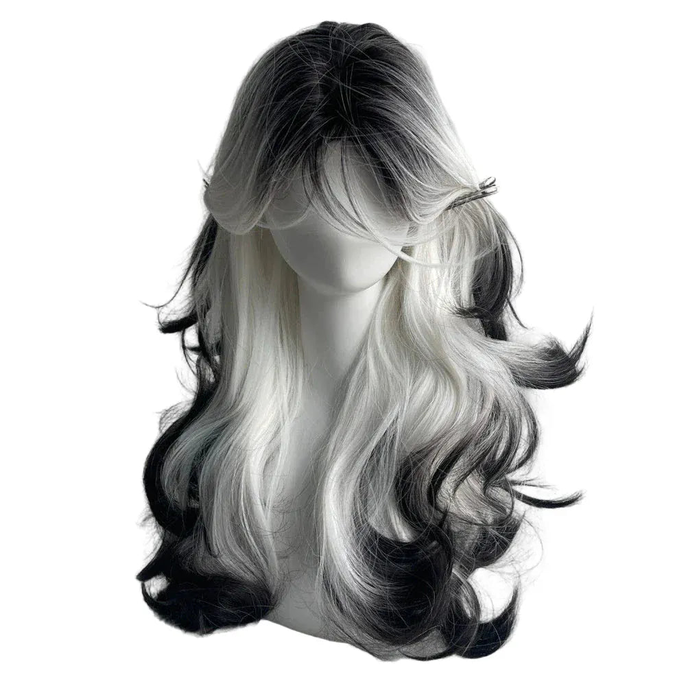 #1 Long Wave Synthetic Black Ombre White Wig Fluffy Women Heat Resistant Wig for Daily Party Lolita Cosplay