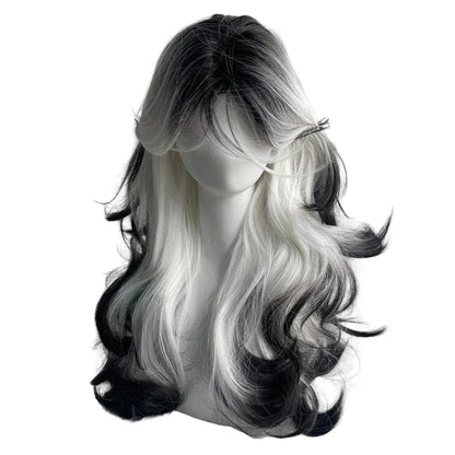 #1 Long Wave Synthetic Black Ombre White Wig Fluffy Women Heat Resistant Wig for Daily Party Lolita Cosplay