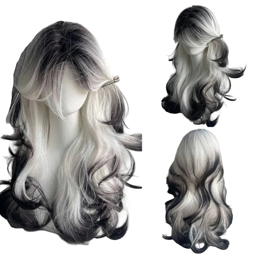 #1 Long Wave Synthetic Black Ombre White Wig Fluffy Women Heat Resistant Wig for Daily Party Lolita Cosplay