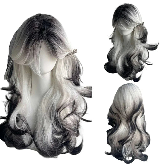 #1 Long Wave Synthetic Black Ombre White Wig Fluffy Women Heat Resistant Wig for Daily Party Lolita Cosplay