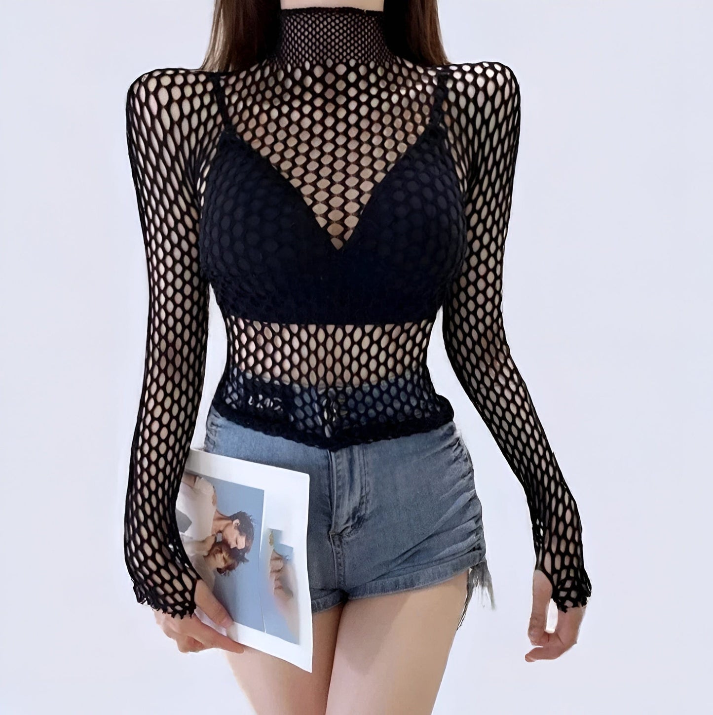 1 / One Size Mesh Long Sleeve Fishnets Top Gothic
