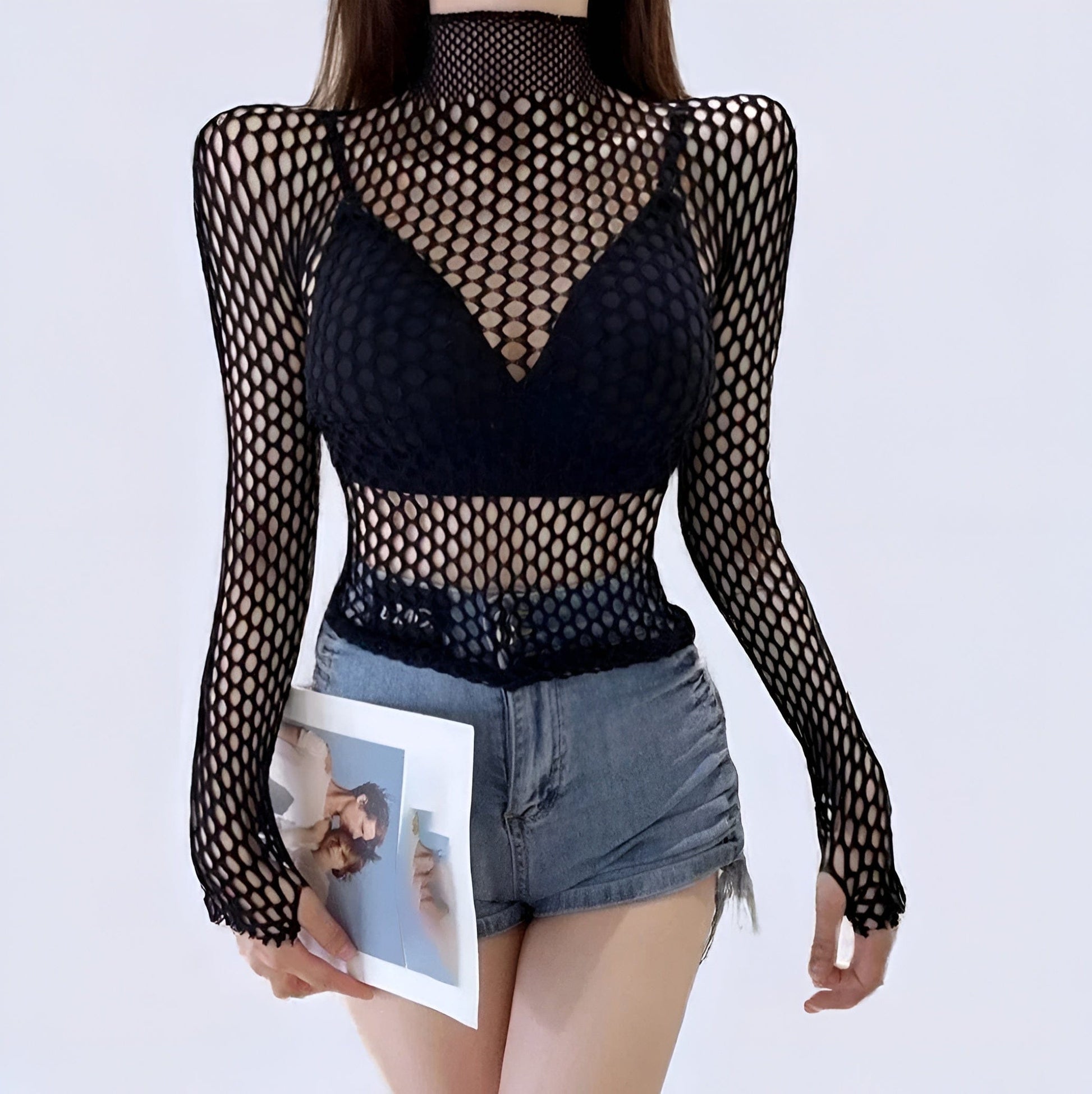 1 / One Size Mesh Long Sleeve Fishnets Top Gothic