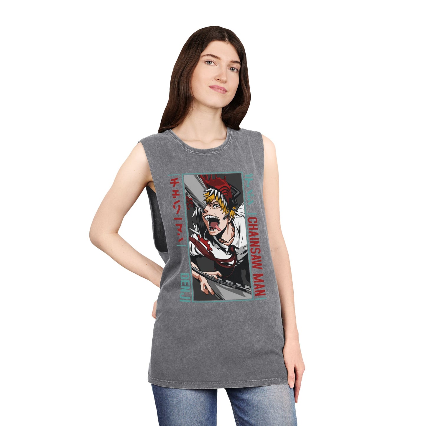 Unisex Anime Stonewash Tank Top - Anime Chainsaw Man Denji Awakening
