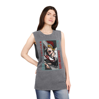 Unisex Anime Stonewash Tank Top - Anime Chainsaw Man Denji Awakening