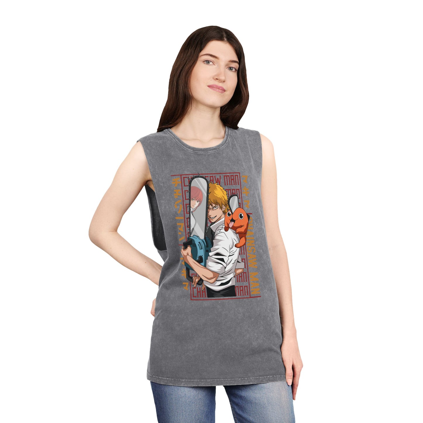 Stylish Anime-Inspired Stonewash Tank Top - Chainsaw Man Denji Love & Loyalty