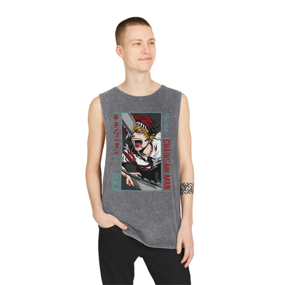Unisex Anime Stonewash Tank Top - Anime Chainsaw Man Denji Awakening