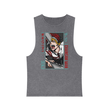Unisex Anime Stonewash Tank Top - Anime Chainsaw Man Denji Awakening