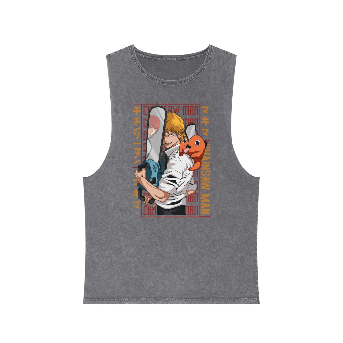 Stylish Anime-Inspired Stonewash Tank Top - Chainsaw Man Denji Love & Loyalty