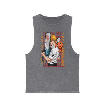 Stylish Anime-Inspired Stonewash Tank Top - Chainsaw Man Denji Love & Loyalty