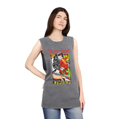 Unisex Stonewash Tank Top - Anime Chainsaw Man Denji Full Throttle