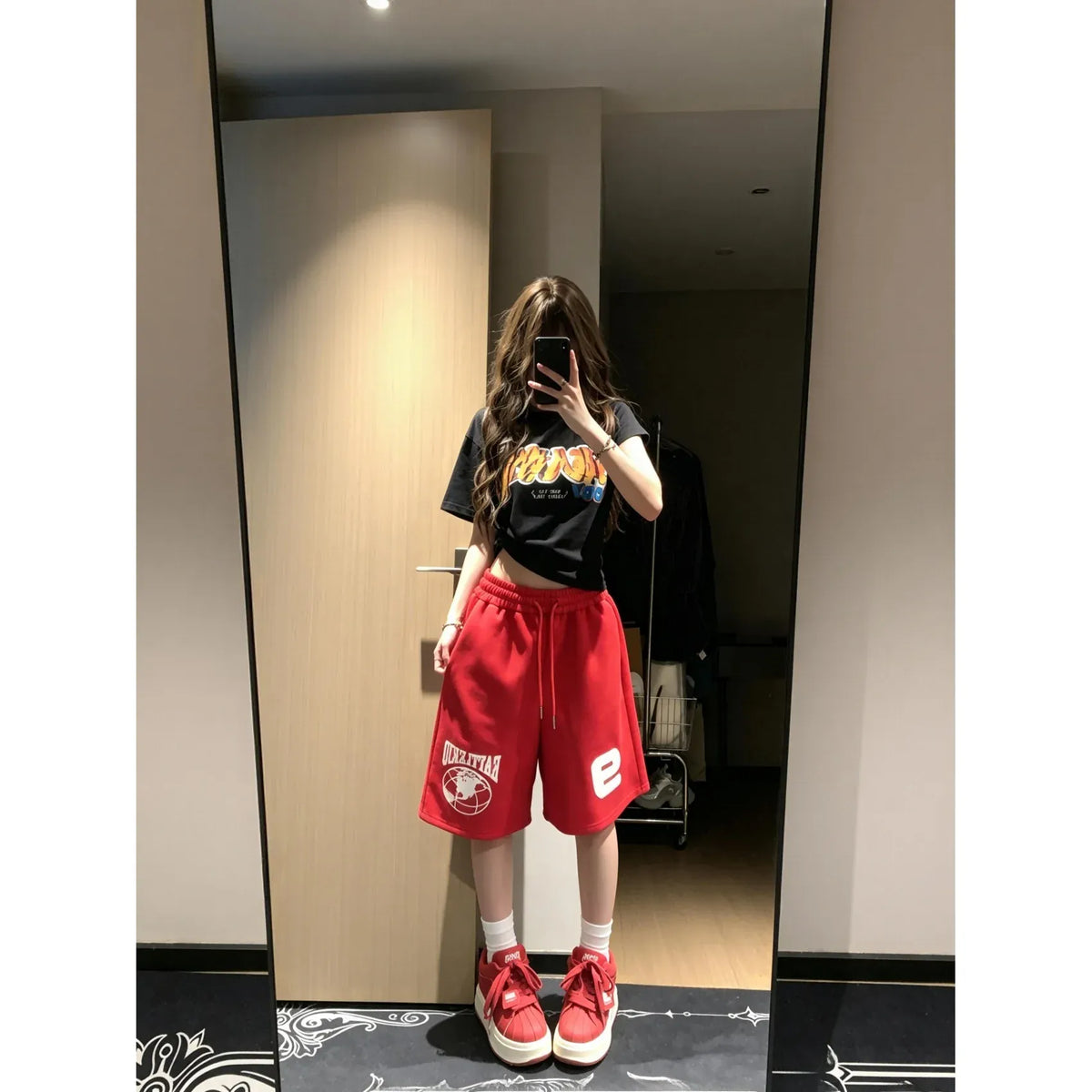 2xl / Red Red Lettering Sports Shorts Women's High Waist A-Line Casual Pants American Retro Five-Quarter Length Small Stature