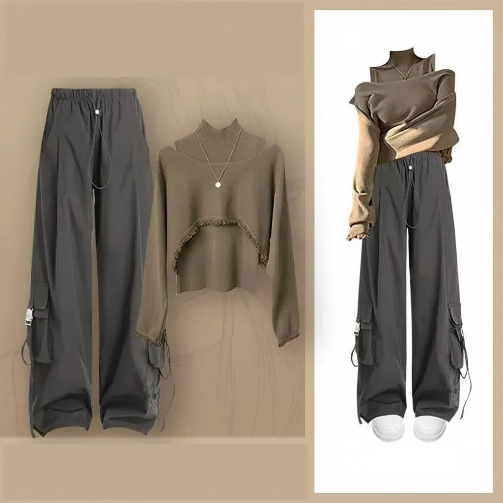 3-Piece Set 01 / S Women 2026 Spring Autumn New Vintage Tracksuit Matching Set Korean Elegant Knit Hoodie+Vest+Loose Cargo Pants 3-Piece Suit