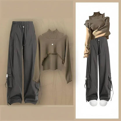 3-Piece Set 01 / S Women 2026 Spring Autumn New Vintage Tracksuit Matching Set Korean Elegant Knit Hoodie+Vest+Loose Cargo Pants 3-Piece Suit