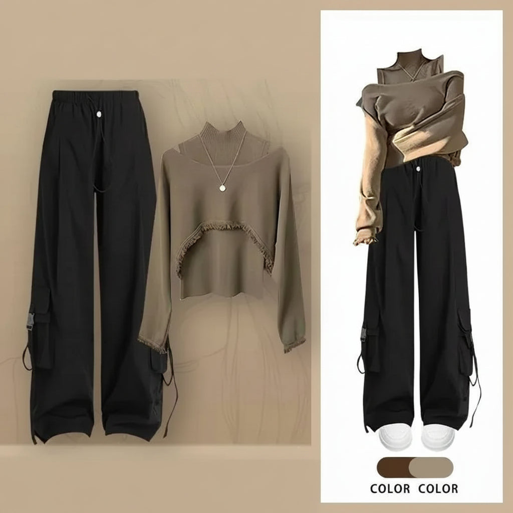 3-Piece Set 02 / L Women 2026 Spring Autumn New Vintage Tracksuit Matching Set Korean Elegant Knit Hoodie+Vest+Loose Cargo Pants 3-Piece Suit