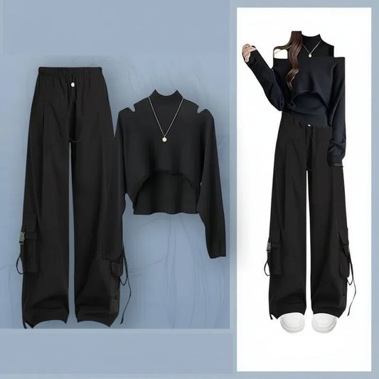 3-Piece Set 04 / L Women 2026 Spring Autumn New Vintage Tracksuit Matching Set Korean Elegant Knit Hoodie+Vest+Loose Cargo Pants 3-Piece Suit