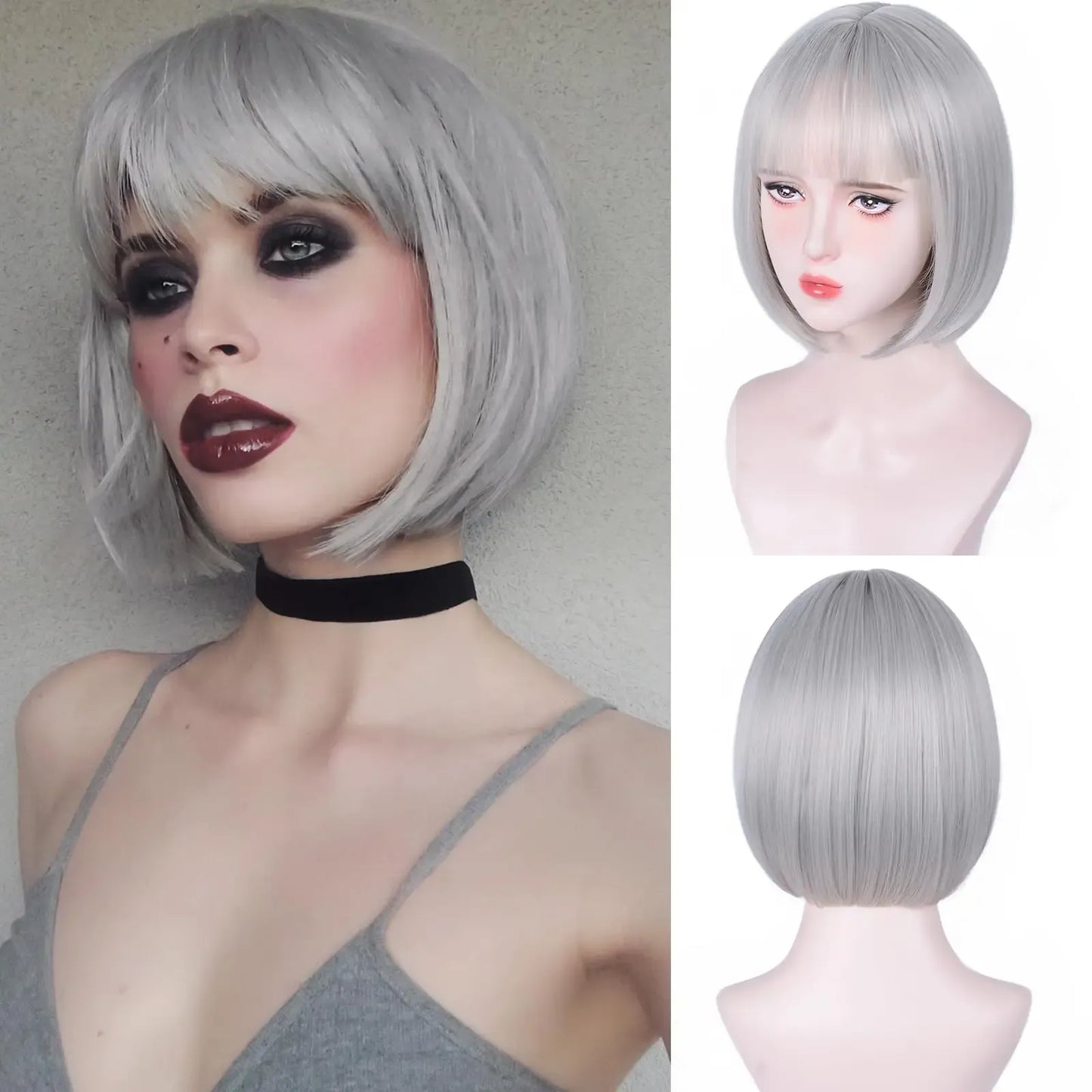 411-752-granny hair Pink Bob Synthetic wig /Short straight hair with bangs/ Multi-colored Cosplay Wig/ high temperature silk wig