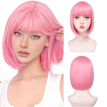 411-752-light pink Pink Bob Synthetic wig /Short straight hair with bangs/ Multi-colored Cosplay Wig/ high temperature silk wig