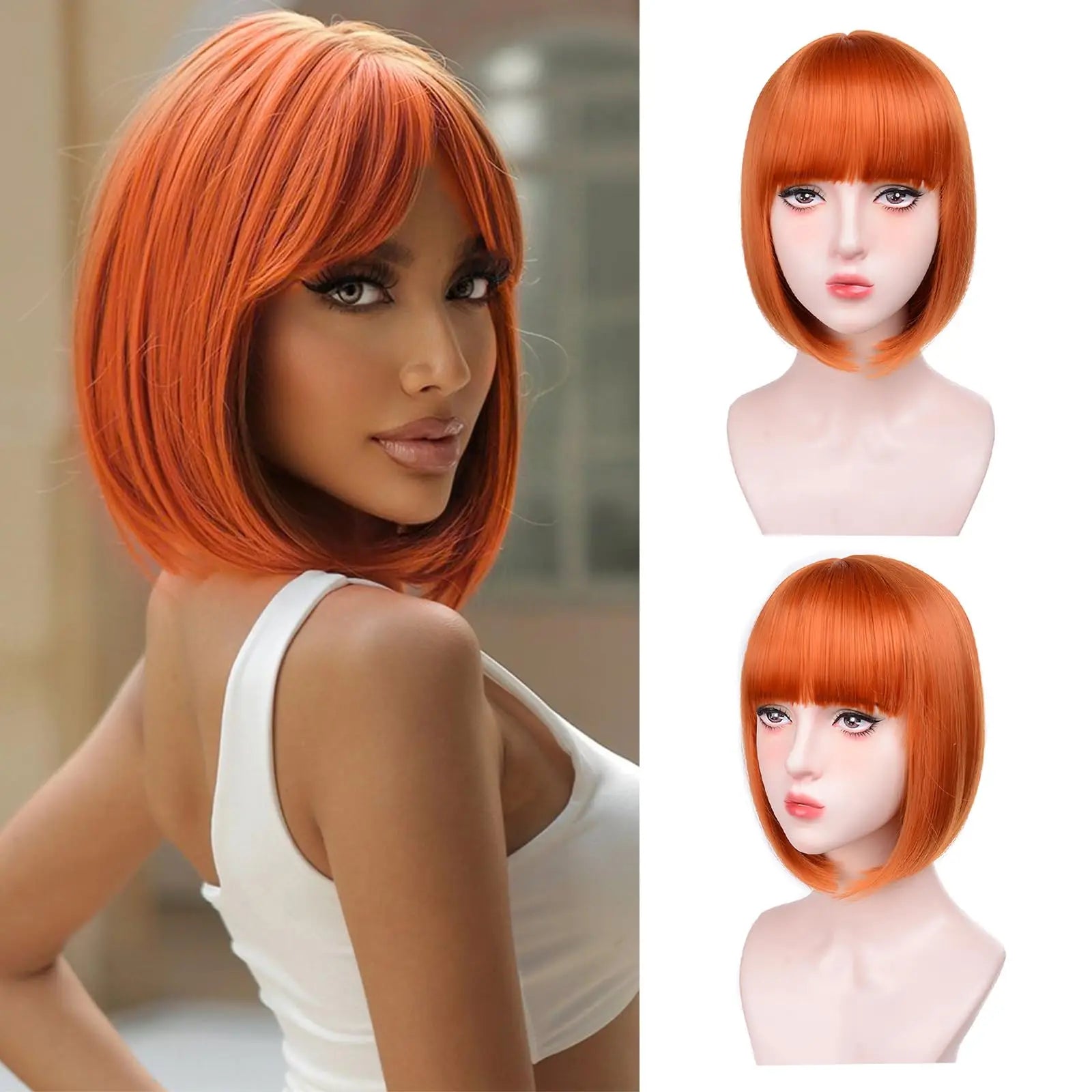 411-752-orange Pink Bob Synthetic wig /Short straight hair with bangs/ Multi-colored Cosplay Wig/ high temperature silk wig