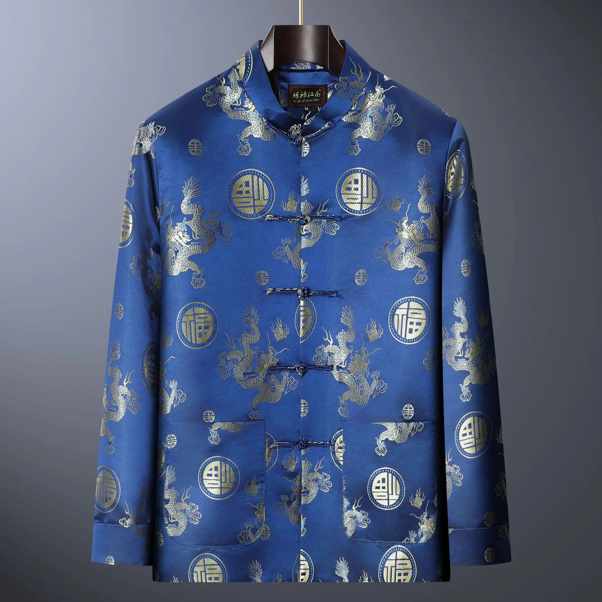 4209 Blue / M Vintage-style Men's Long-sleeve Jacket with Gold Embroidered Chinese Dragon Design; Available in Black, Gray, Blue, and Red.