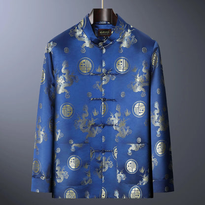 4209 Blue / M Vintage-style Men's Long-sleeve Jacket with Gold Embroidered Chinese Dragon Design; Available in Black, Gray, Blue, and Red.