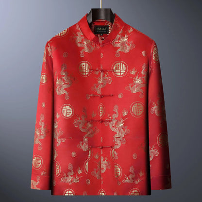 4209 Red / L Vintage-style Men's Long-sleeve Jacket with Gold Embroidered Chinese Dragon Design; Available in Black, Gray, Blue, and Red.