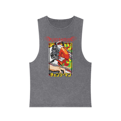 Unisex Stonewash Tank Top - Anime Chainsaw Man Denji Full Throttle
