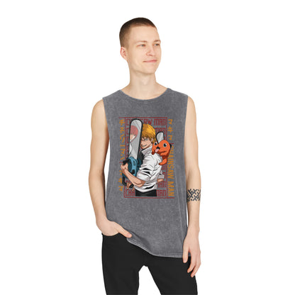 Stylish Anime-Inspired Stonewash Tank Top - Chainsaw Man Denji Love & Loyalty