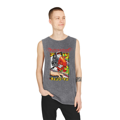 Unisex Stonewash Tank Top - Anime Chainsaw Man Denji Full Throttle