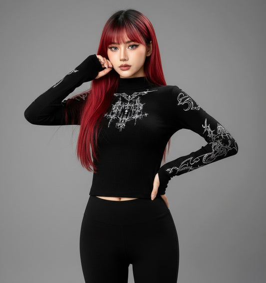 Cyber Sigil Half High Neck Long Sleeve/ Korean Fashion Long Sleeve Shirt
