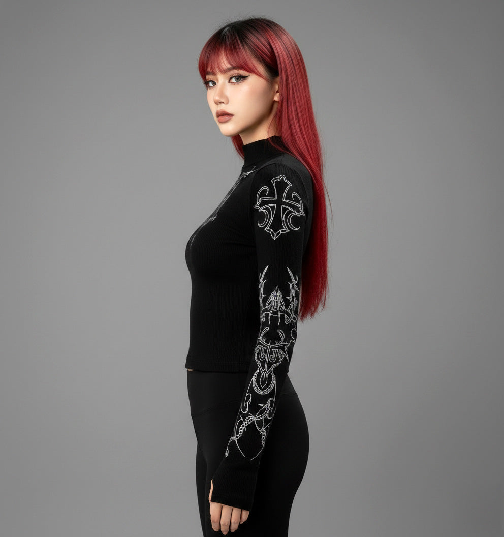 Cyber Sigil Half High Neck Long Sleeve/ Korean Fashion Long Sleeve Shirt