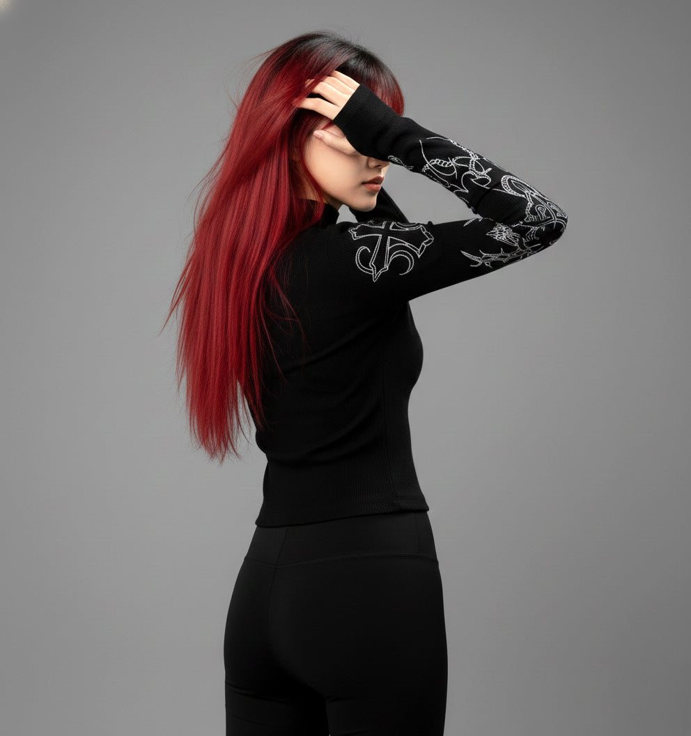 Cyber Sigil Half High Neck Long Sleeve/ Korean Fashion Long Sleeve Shirt