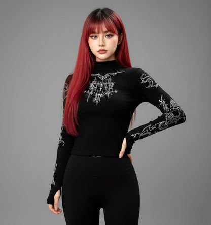 Cyber Sigil Half High Neck Long Sleeve/ Korean Fashion Long Sleeve Shirt