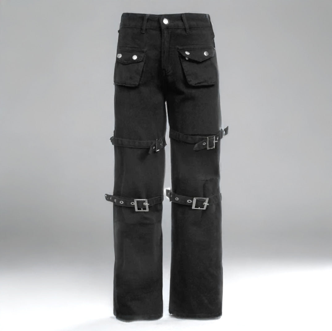 Black Goth Cargo Jeans with Multi Pockets Metal Buckle & Belt