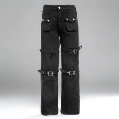 Black Goth Cargo Jeans with Multi Pockets Metal Buckle & Belt