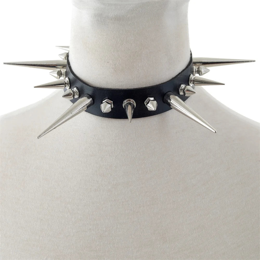 Long Spike Choker Punk Faux Leather Collar For Women & Men / Goth Necklace Accessories