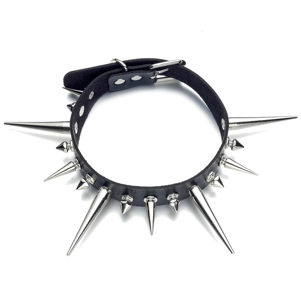 Long Spike Choker Punk Faux Leather Collar For Women & Men / Goth Necklace Accessories