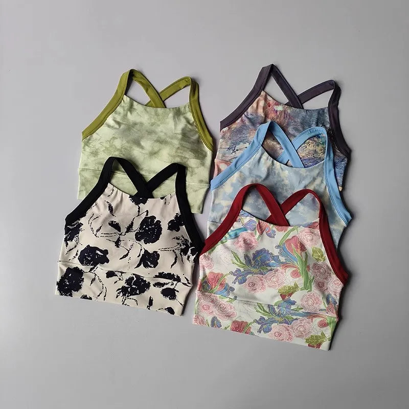 Women Cross Strap Nature Pattern Sports Bra/ Yoga Gym Crop Top