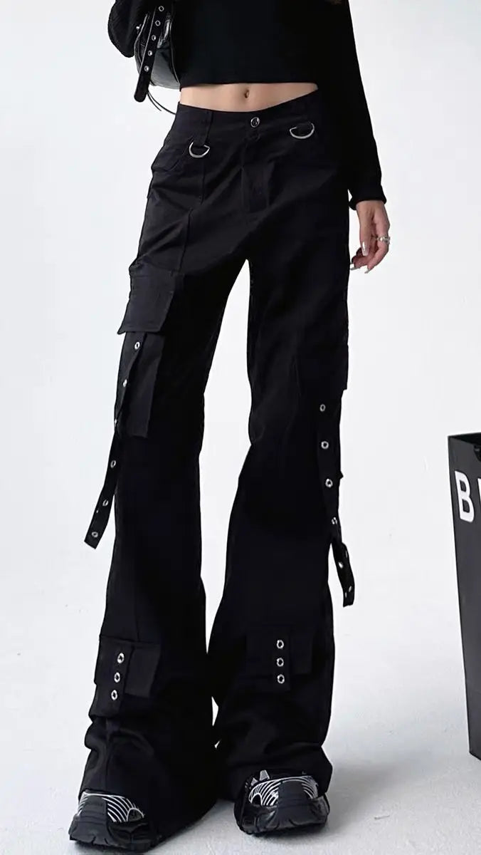 Black Gothic Cargo Flare Pants /High Waist Wide Leg Trousers (Victorious Neural Link)